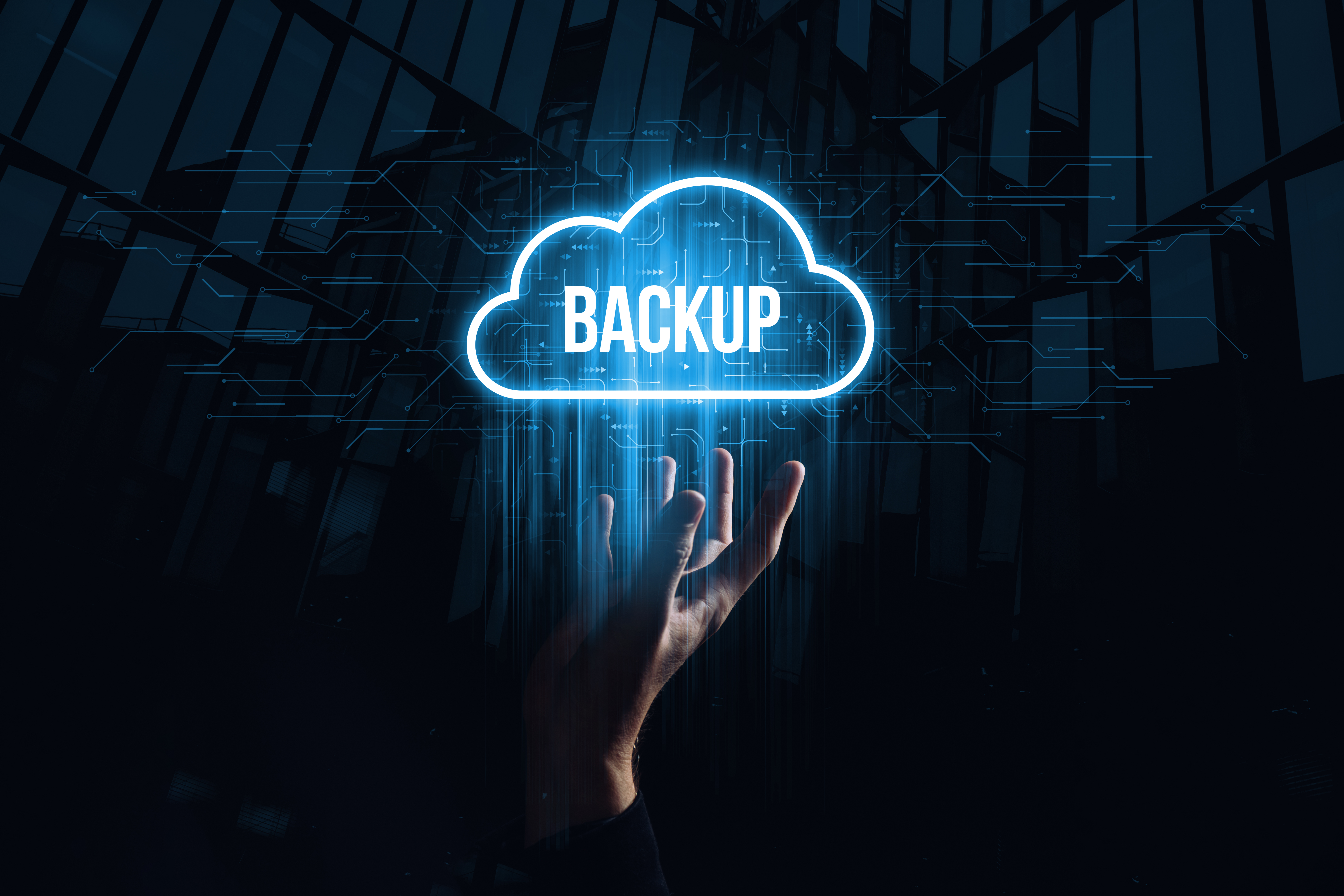 Data backup for data recovery to original or new location. Hologram in the form of a cloud over the hand