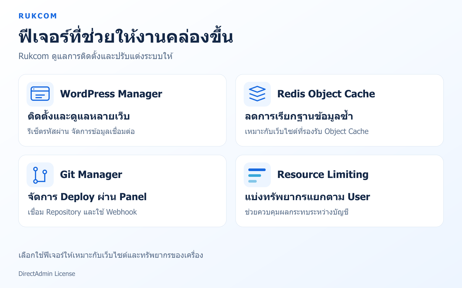 WordPress Manager, Redis Object Cache, Git Manager และ Resource Limiting โดย Rukcom ดูแลการเตรียมระบบ
