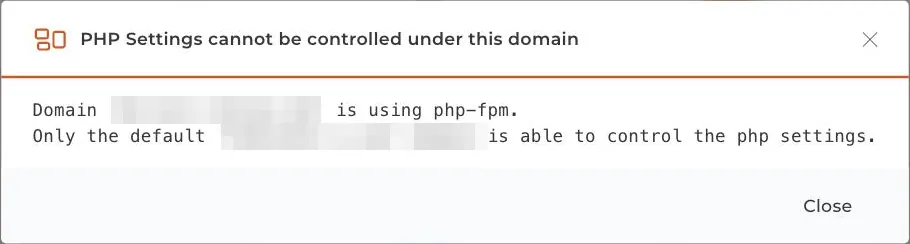 ข้อความแจ้งเตือนเมื่อเลือกโดเมนที่ไม่ใช่โดเมนหลัก PHP Settings cannot be controlled under this domain